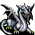 Pixelated dragon with silver-gray body, black wings and tail tip, yellow claws, blue eyes, and open mouth showing teeth in three