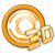 A pixelated circular icon with orange and white spiral patterns, featuring a golden key-like shape on the right side against a gray background.