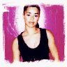 seven portrait images with pink and red backgrounds, each showing a person in casual clothing against textured backdrops