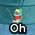 Pixelated cartoon character with green body and red accents hangs from wires against blue background, below 'Oh' text.