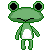 Two pixelated green frog-like avatars with large black eyes and white bellies, one with closed eyes and the other with open eyes and a pink mouth.