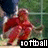 A pixelated image of a person in red athletic gear crouching as a softball catcher, with text overlays reading "softball" and "catcher."