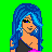 Pixel art contact sheet showing a female character with blue hair and pink/yellow outfit across multiple frames, including full-body view and text elements on green/purple backgrounds.