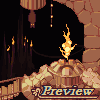 Pixel art scene showing a stone archway with hanging lanterns, candles, and a central flame above a pedestal labeled 'Preview' in blue text.