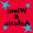 Red background with blue stars and repeated black text 'melW & nicoleA' in four quadrants.