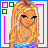 Pixel art contact sheet of six animated frames showing a blonde character, outfit details, and stylized text names in blue, pink, and multicolor.