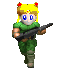 Pixelated character with yellow pigtails and red hair ties wears green military uniform, holds black rifle in multiple walking poses against gray background.