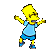Yellow-skinned cartoon character with spiky hair in light blue shirt and dark blue shorts, shown across seven sequential poses on gray background.