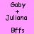 Pixelated text displays 'Gaby + Juliana' and 'Bffs' on a purple gradient background with varying opacity effects.
