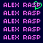 Pixelated text displays 'ALEX' and 'RASP' in pink on dark blue background with green heart outline over 'RASP' in one frame.