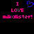 Static pixel art displays 'I ❤️ LOVE mikolister!' text in pink and blue on black background with identical left and right text blocks.