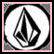 Black and white geometric shape inside circular border with pink frame, transitioning to same shape on dark background with red and white dots.