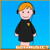 A cartoon character with orange hair and headphones wears a black shirt with yellow symbol, standing against blue background with 'GOT MUSIC?' text below.