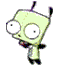 Green cartoon character with large white eyes and black limbs in multiple poses against gray background.