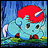 Pixelated blue creature with red hat and red shoes stands on green ground against blue background, next to black with white text