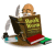 Bald figure with glasses reads a book titled 'Jack Kornfield' at a desk with red and green books, pen, and inkwell.
