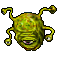Pixelated yellow-green creature with four tentacle-like limbs, each ending in a rounded bulb; show eye expression change from closed to open