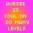 Pixelated yellow text on a pink-to-orange gradient background reads "AUBREE IS COOL ON 50 MANY LEVELS" in four identical vertical repetitions.
