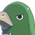 Pixelated green cartoon character with one visible eye, partial beak, and blue clothing against white background.