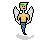 Pixelated angel figure with green hair, yellow torso, blue pants, and white wings standing on a cloud base.
