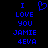 Blue pixelated text and heart symbol on black background, with identical left and right sides showing 'I LOVE YOU JAMIE 4EVA' in blocky font.