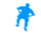 Two blue pixelated figures in dynamic poses against a white background, one standing with arms bent and legs apart, the other leaning forward with extended limbs.