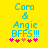 Yellow background with blue pixelated text 'Coro & Angie BFFS!!!' and five pink/pink-orange hearts below.