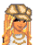 Pixelated character with blonde hair, cap, layered necklaces, white shirt, and blue jeans; three separate cropped views of the figure's head, torso, and legs.