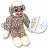 Pixelated brown sock monkey with white hands and feet, red mouth, black eyes, holding a light blue circular object with pink lines.