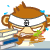 Pixelated monkey with brown hair and white headband holding striped object, showing green blur on face