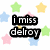 Pixelated text phrases on a white background with pastel stars, including "i miss delyo", "oh so much.", and "+love him" with heart symbol.