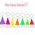 Pixelated image of seven stick-figure icons with circular heads and cone-shaped bodies in purple, pink, yellow, orange, green, light green, and red, arranged horizontally under a blurred pink banner.