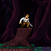 Pixel art of a man with brown hair and mustache standing on a tree stump in dark forest, holding silver sword.