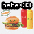 Pixelated image of a smiling burger with lettuce, tomato, and patty next to red ketchup and yellow mustard bottles under 'hehe<33' text.