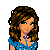 Pixel art contact sheet showing three frames of an animated icon featuring a female character in blue and silver attire with visible text on a green background.