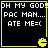 Four identical yellow-bordered display black backgrounds with white pixelated text and a yellow Pac-Man icon at the bottom right of each