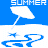 Pixelated blue and white icon with 'SUMMER!' text above a cloud, raindrop, and stylized wave design.
