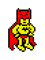 Pixel art of a yellow superhero with red cape and mask, standing against gray background; left version shows arms crossed over chest, right version shows hands at sides.