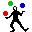 Black silhouette of a person juggling three balls in red, green, and blue across with slight pose variations