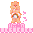 Pixelated orange Care Bear with rainbow belly badge, standing on pink blocks spelling 'I ❤️ MY CAREBEAR' against gray background.