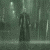 A monochrome green animated sequence shows a figure in dark clothing standing under falling vertical lines resembling rain, with the figure's posture shifting across frames.