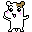 Pixel art character with white body, brown ears, pink blush marks, and black outlines in two poses: one with arms outstretched and tongue visible, the other waving.