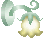 Pixelated bell-shaped icon with green leafy top and yellow body, showing two animation states: one with bright white center glow, the other without.