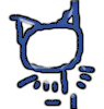 Blue cartoon cat head outline with white interior, black outline, and blue tail-like appendages, on gray background.
