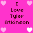 Pixelated pink background with repeated text "I Love Tyler Atkinson" and heart symbols in white and light pink.