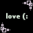 Pixelated icon with repeated 'love (:' text and white square-dot patterns on black background, showing animation changes in dot positions.