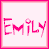 Pixel art of four showing a character named Emily with pink text, blue jeans, and long brown hair in various poses