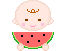 Pixelated baby character with round head and watermelon slice, showing multiple expressions including smiling, closed eyes, blushing cheeks, and mouth shapes.