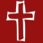 A white cross with a thick outline on a solid red background, rendered in pixelated style.