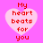 Four identical pixelated heart-shaped icons with red text on a pink background, each displaying "My heart beats for you" in a retro digital style.